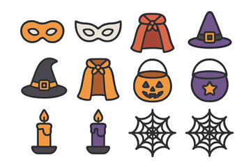 Spooky Halloween costume accessories and decorative elements featuring witch hats, masks, capes, candles, and spiderwebs