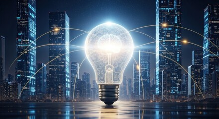 A glowing light bulb with a digital brain inside, standing on a reflective surface with a cityscape in the background.