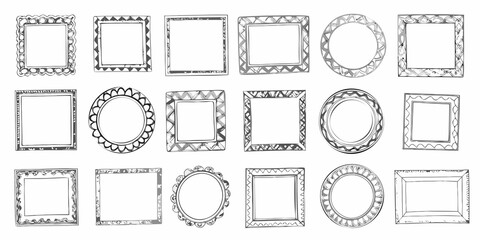 Collection of hand drawn frames square and round shapes isolated on white