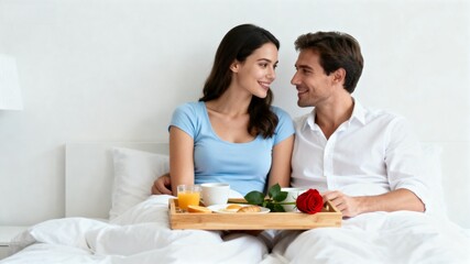 Couple sharing breakfast in bed