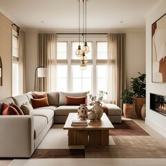Bright and airy living room featuring a large sectional sofa, coffee table with vases, and a modern fireplace, illuminated by natural light.