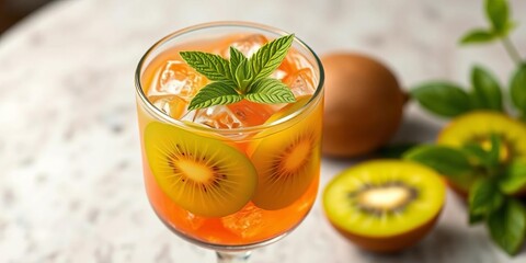 Fototapeta premium Refreshing kiwi cocktail in a glass with ice and mint garnish, sweet, juicy