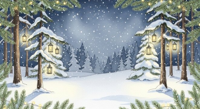 A snowy winter landscape with pine trees, glowing lanterns, and a snow-covered ground. - Powered by Adobe