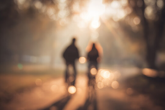 Blurred couple cycling together in park with warm sunlight soft focus romantic atmosphere autumn trees outdoor activity peaceful mood nature background leisure lifestyle