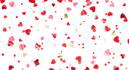 A delightful array of vibrant red and pink heart confetti gracefully falling against an isolated on transparent background, creating a captivating and romantic visual, perfect for valentines day, wedd