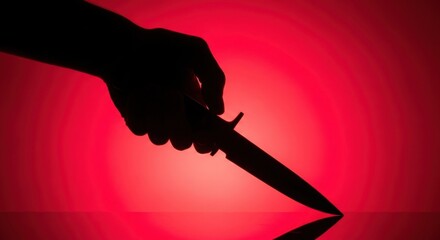 Silhouette of a hand gripping a sharp knife, reflecting on a red surface, danger