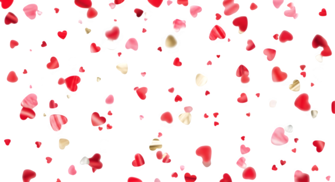 A delightful array of vibrant red and pink heart confetti gracefully falling against an isolated on transparent background, creating a captivating and romantic visual, perfect for valentines day, wedd