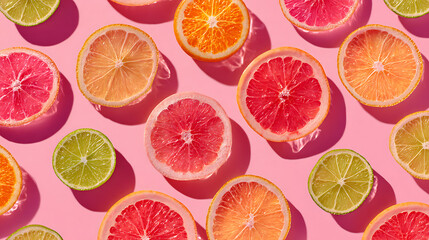 Obraz premium Vibrant citrus slices arranged on a pink background fruit grapefruit