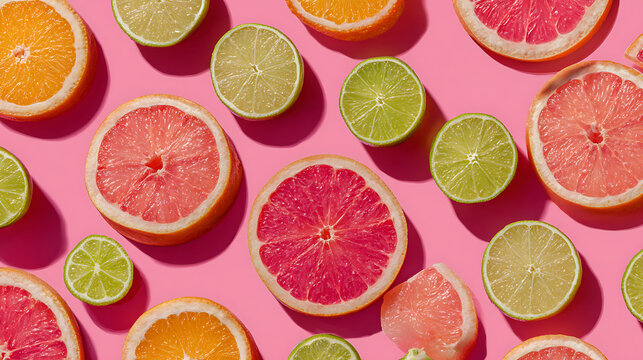 Vibrant citrus slices arranged on a pink background grapefruit lime