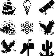 Collection of black silhouette icons featuring ship, ice cream, skateboard, train, snowflake, eagle, mailbox, and cactus for graphic design use © Hasem Creative
