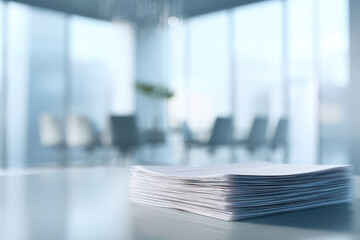 Stack of documents paper office desk soft shadow clean defocused business workplace modern interior professional environment productivity organization calm atmosphere natural light corporate