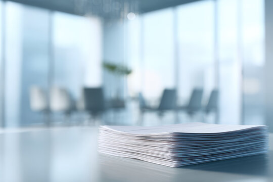 Stack of documents paper office desk soft shadow clean defocused business workplace modern interior professional environment productivity organization calm atmosphere natural light corporate - Powered by Adobe