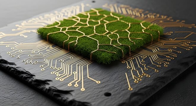Green technology concept with vibrant moss on a dark circuit board, symbolizing eco-friendly innovation, sustainable computing, and the integration of nature with advanced electronics