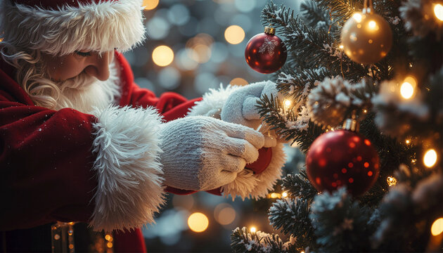 Jolly Santa Claus in his classic red suit carefully hangs a shiny red bauble on a snow-dusted Christmas tree for the Happy New Year 2026