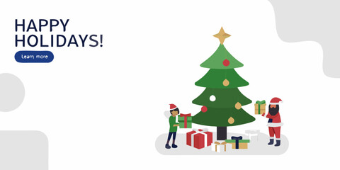 Happy holidays illustration with christmas tree and gift giving