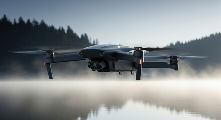 Modern black quadcopter drone hovering above misty lake water near forest mountain view