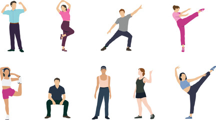 Colorful fitness and dance pose character illustration set showing diverse people performing stretching, workout, exercise, yoga, active movement and dynamic actions