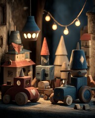 Naklejka premium Explore the warmth and nostalgia of wooden toys captured in a film-like atmosphere, evoking feelings of childhood joy and creativity.