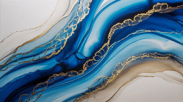 An abstract alcohol ink painting featuring deep navy blue and cobalt blue swirling patterns with metallic gold accents.