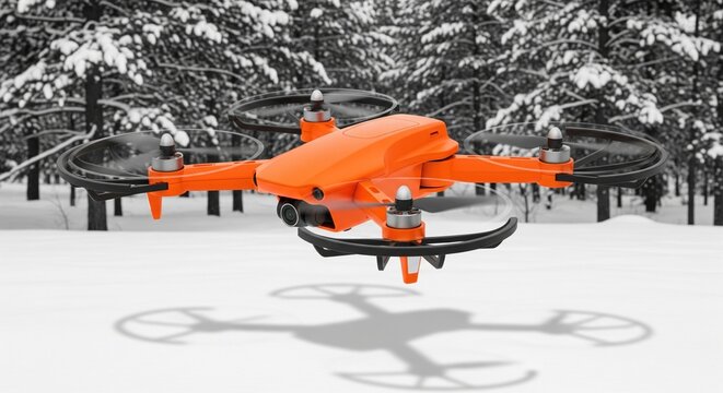 Bright orange quadcopter drone with propeller guards flying over snow in winter forest