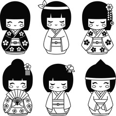 Cute Japanese Kokeshi doll set, traditional kimono characters, black and white cartoon illustration for culture, decoration, crafts, design, and artwork