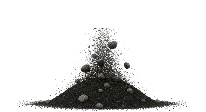 Dynamic cascade of dark gravel with falling pebbles creating a textured pile perfect for construction visuals