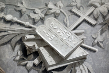 Saint Agatha Church. Tablets of the law. The 10 commandments. Rumilly. France.