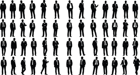 Collection of corporate businessman vector silhouettes, isolated professional figures in suits and ties, ideal for office, management, and leadership graphics