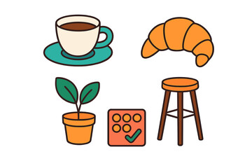 Set of daily life objects including food, furniture, and task management symbols