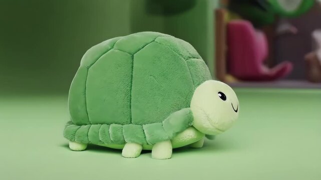 A cute plush turtle sits on a green background