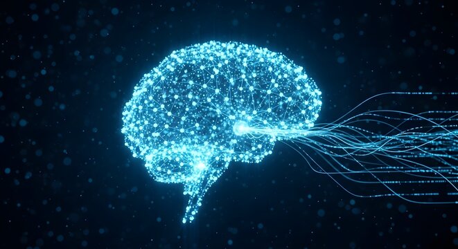 Digital brain representation with glowing connections and data streams, symbolizing artificial intelligence, machine learning, and advanced technology