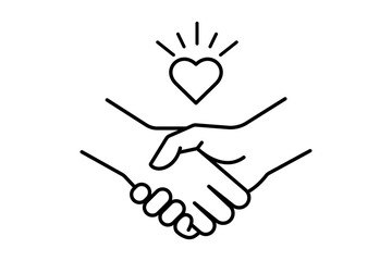 Handshake line art with a radiant heart, symbolizing agreement, trust, partnership, love, and care, isolated on transparent background