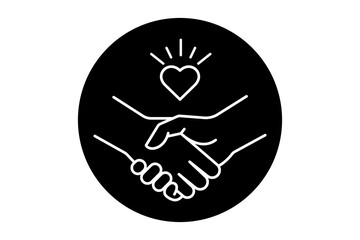 Obraz premium Line art icon of two hands shaking with a glowing heart above, set within a black circle, symbolizing partnership, agreement, and unity isolated on transparent background
