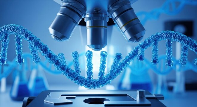 A microscope with DNA strands in the background, focusing on the genetic structure.