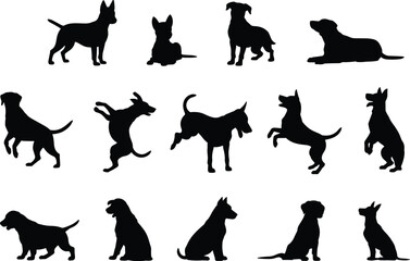 Dog silhouette vector collection featuring standing, sitting, lying and playful canine poses for pet design, illustration, branding and creative projects