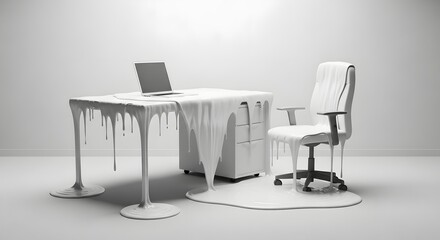 Melting office workspace with desk, laptop, and chair covered in a white dripping substance, conveying concepts of breakdown, stress, and transformation