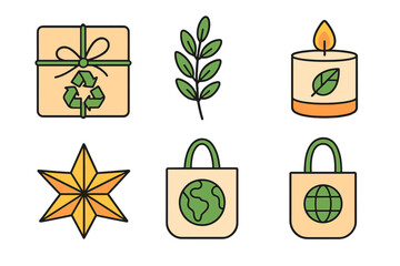 Ecological and sustainable icons featuring recycling box, green leaf, natural candle, and reusable shopping bags