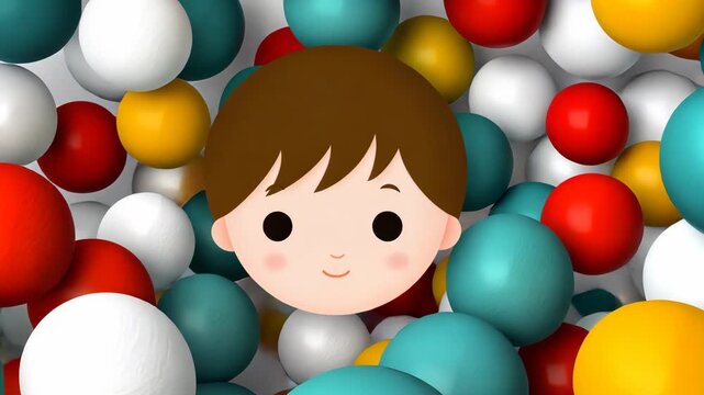 Playful animation of child?s face emerging amidst colorful bouncing balls in a fun and vibrant setting
