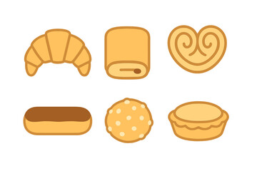 Popular sweet pastries and desserts icons set featuring croissant eclair and palmier