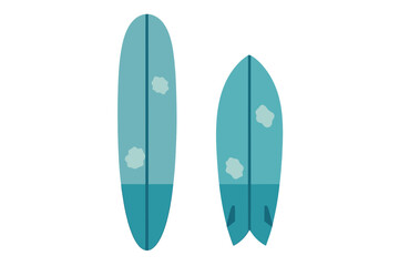 Stylized pair of surfboards featuring longboard and shortboard designs in teal colors