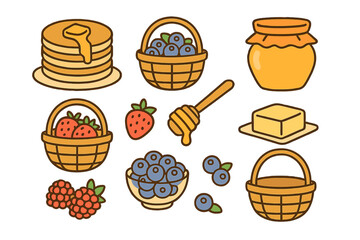 Delicious breakfast food set with pancakes, fresh berries, honey, and butter elements
