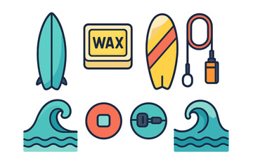 Colorful collection of surfing equipment and ocean elements for summer beach sports