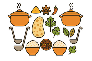 Set of cooking ingredients and kitchen utensils including pots rice spices and herbs