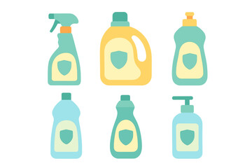Household cleaning and hygiene product bottles featuring protective shield icons