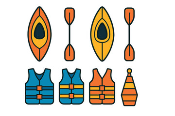 Colorful collection of kayaking and canoeing equipment including boats, paddles, and life vests