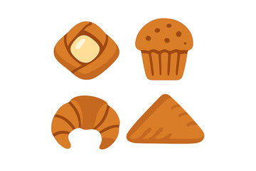 Set of four popular baked goods: croissant, muffin, Danish pastry, and triangular turnover