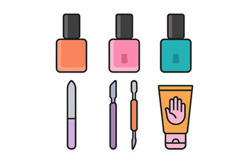 Colorful collection of manicure and pedicure tools with nail polish, file, and hand cream tube