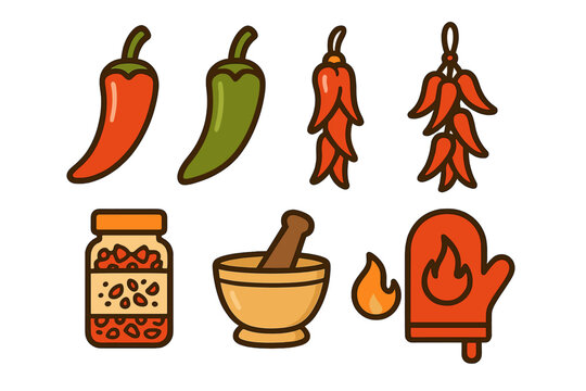 Spicy chili peppers, dried ristras, mortar and pestle, and hot oven mitt set