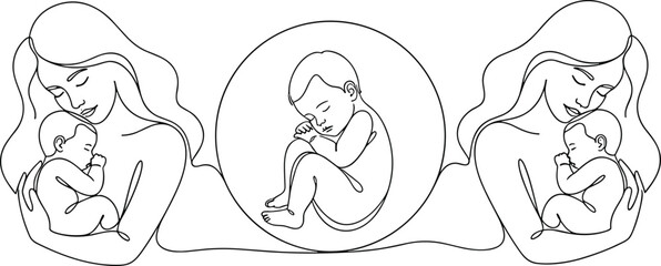 Elegant mother and baby line art illustration featuring maternal love, newborn care, pregnancy symbol, and family bonding in minimalist continuous line style