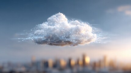 Cloud Computing Concept: The digital cloud, a symbol of innovation, hovering above a bustling city. The soft glow of the horizon emphasizes the technological link
